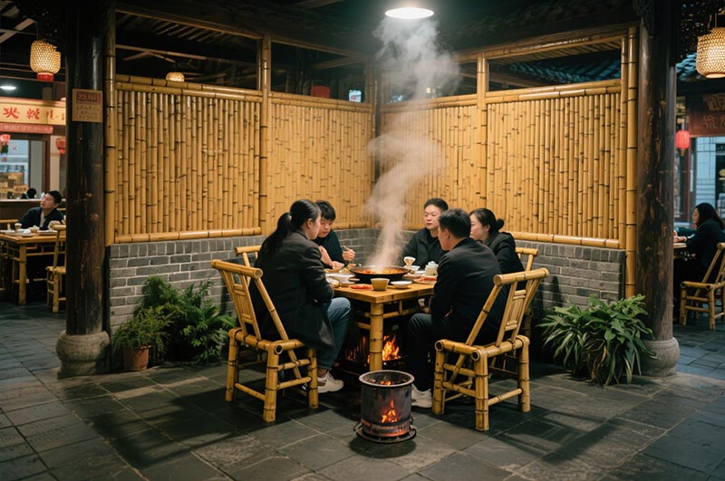 采用竹、木、青磚等傳統(tǒng)材質的火鍋店裝修效果圖