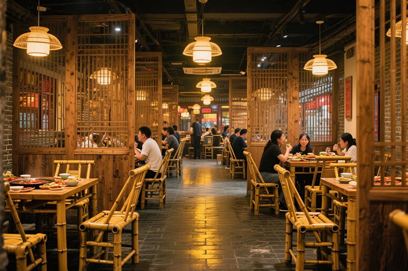 采用竹、木、青磚等傳統(tǒng)材質的火鍋店裝修效果圖