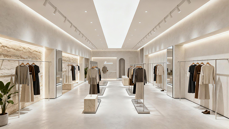 窄長的服裝店鋪裝修布局設(shè)計(jì)效果圖